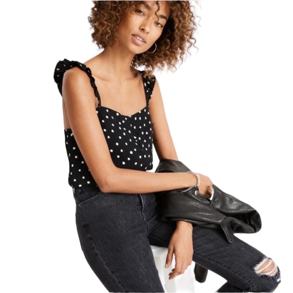 Madewell Ruffle Strap Cami Top in Black White Polka Dot Print Size 4 NEW